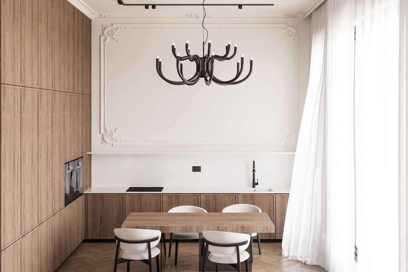 The artist's loft — bucătărie cu lambriu de lemn și candelabru sculptural