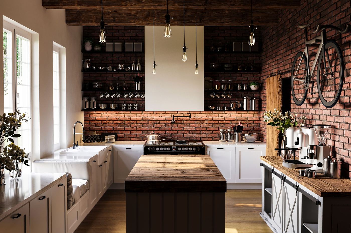 The farmhouse — bucătărie rustic-industrială cu cărămidă aparentă