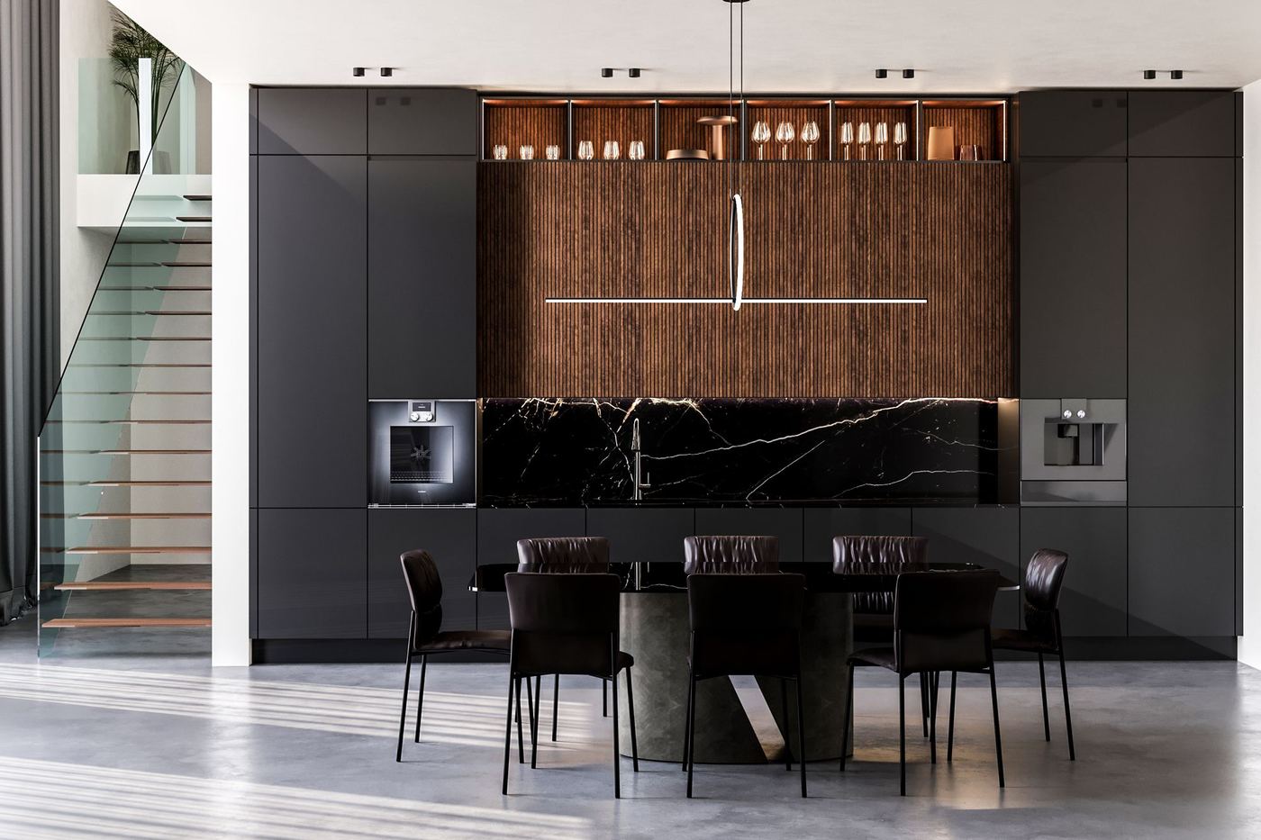 The gentleman's apartment — bucătărie în tonuri de antracit cu marmură neagră