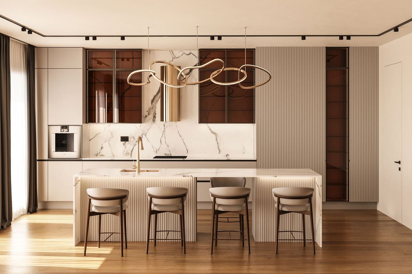 The glamour penthouse — bucătărie cu marmură și corpuri din sticlă chihlimbarie
