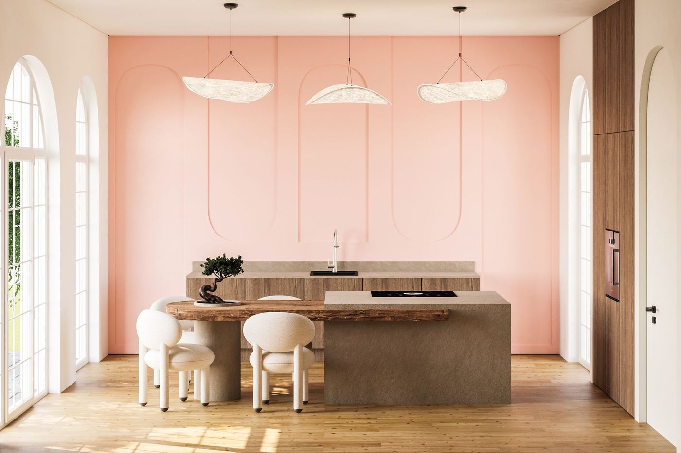 The romantic apartment — bucătărie cu pereți roz pudră și insulă rotunjită